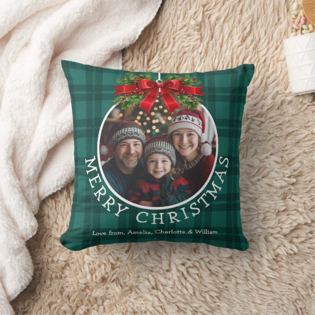 Christmas Ball Ornament Photo Green Buffalo Plaid Cushion (Blanket)
