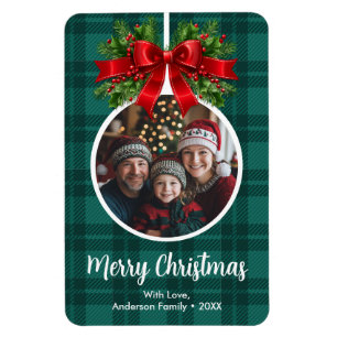 Christmas Ball Ornament Photo Green Buffalo Plaid Magnet
