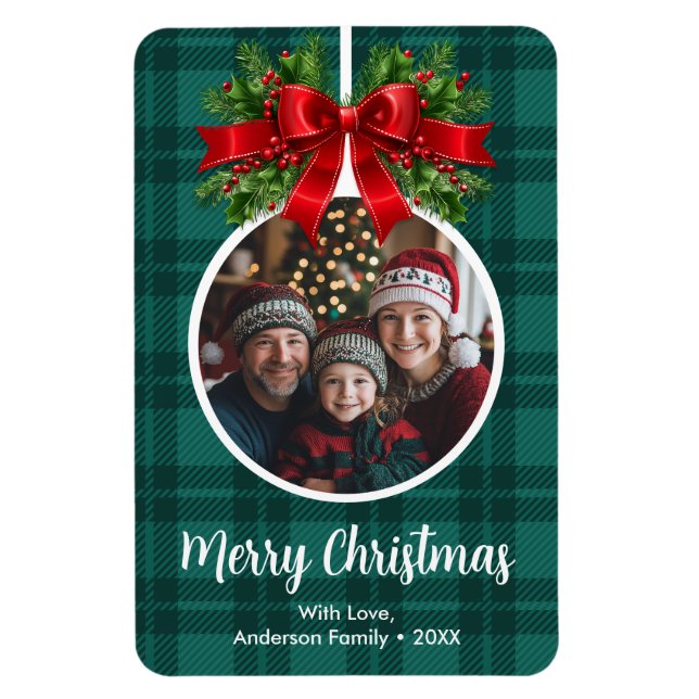 Christmas Ball Ornament Photo Green Buffalo Plaid Magnet (Vertical)