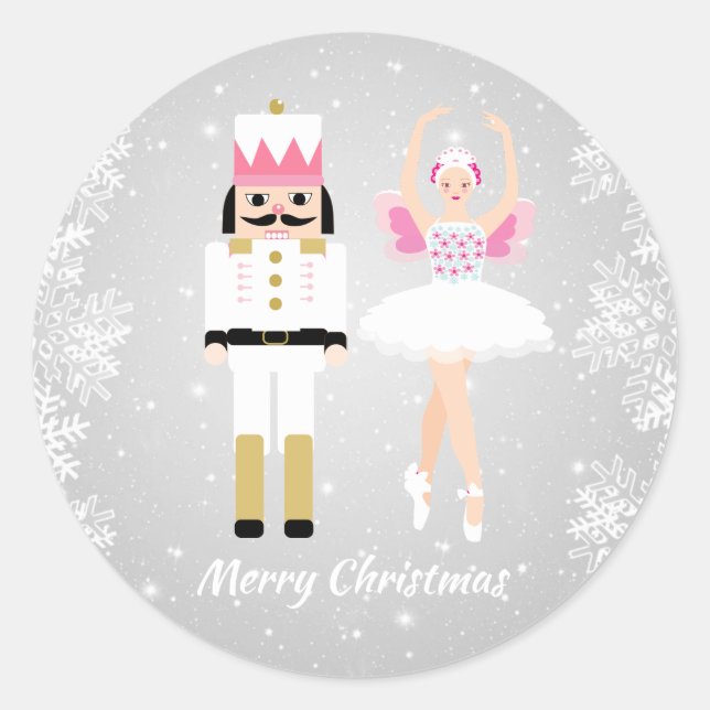 Christmas Ballerina & Nutcracker, snowflakes Classic Round Sticker (Front)