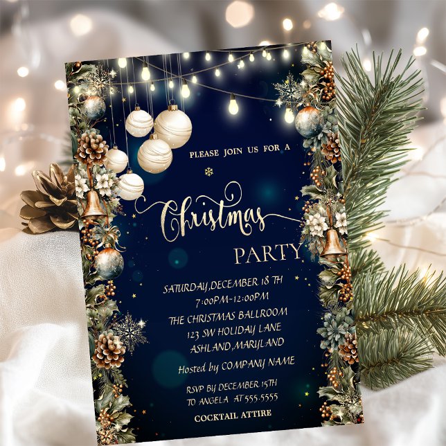 Christmas Balls,Bells,Pinecones Blue Christmas  Invitation (Creator Uploaded)