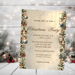 Christmas Balls,Bells,Pinecones Gold Christmas Invitation