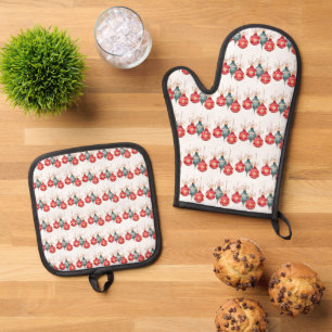 Christmas Balls Blue Red Oven Mitt & Pot Holder Set
