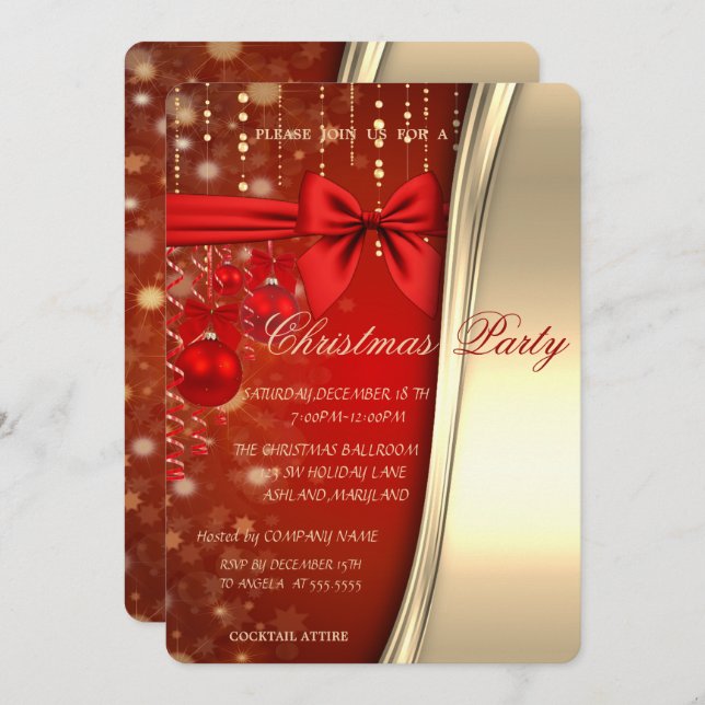 Christmas Balls,Bow, Red , Gold Corporated Party Invitation (Front/Back)