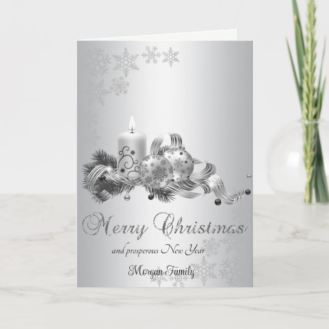  Christmas BallS,Candle Bow Snowflakes Silver Holiday Card (Front)