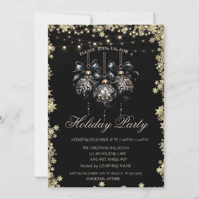 Christmas Balls Gold Stars Black Holiday Invitation (Front)