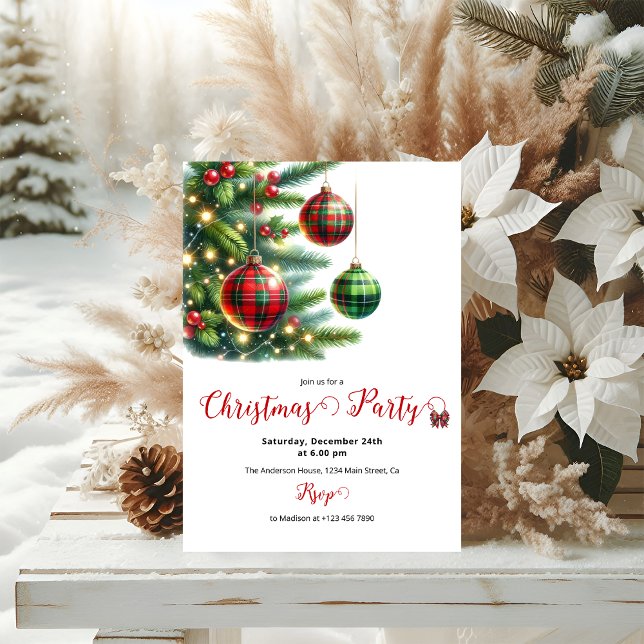 Christmas Balls Green & Red Plaid Invitation (Creator Uploaded)