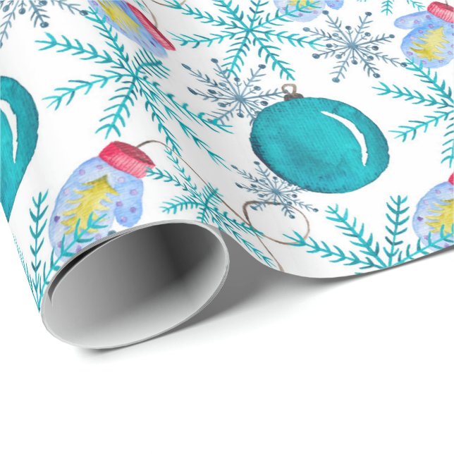 Christmas Balls Mittens and Snowflakes Watercolor Wrapping Paper (Roll Corner)
