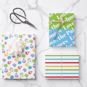 Christmas balls pattern, stripes and name holiday wrapping paper sheet