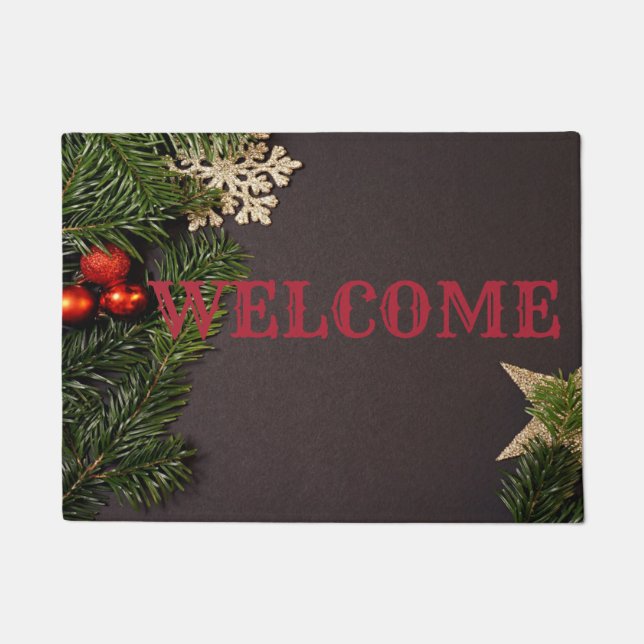 Christmas Balls, Pine Tree Branches ,Welcome Doormat (Front)