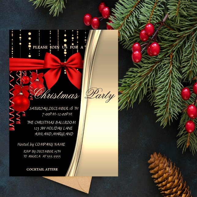 Christmas Balls,Red,Bow ,Gold Corporated Party Invitation (Creator Uploaded)