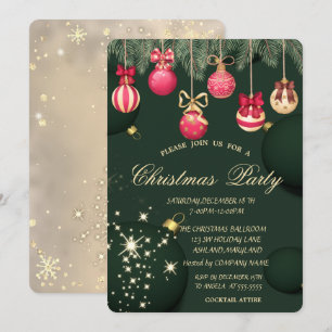 Christmas Balls Snowflakes Green Christmas Invitation