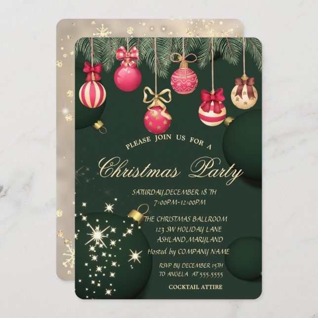 Christmas Balls Snowflakes Green Christmas  Invitation (Front/Back)