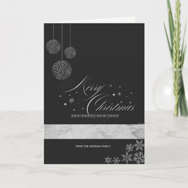 Christmas Balls Snowflakes Merry Christmas Silver Holiday Card (Front)