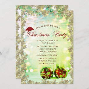  Christmas Balls,Stars Green Bokeh Company Party Invitation