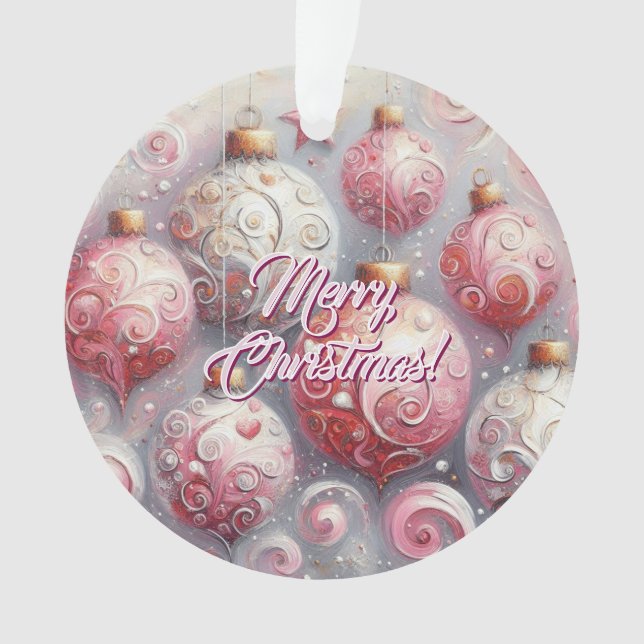 Christmas Balls Whimsical Swirls Pink White Grey Ornament (Front)