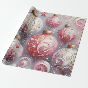 Christmas Balls Whimsical Swirls Pink White Grey Wrapping Paper