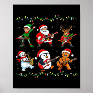 Christmas Band Santa Elf Reindeer Guitar Rock And Poster