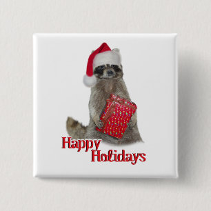Christmas Bandit Racoon with Present 15 Cm Square Badge