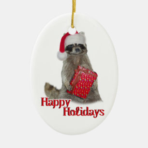 Christmas Bandit Racoon with Present Ceramic Tree Decoration