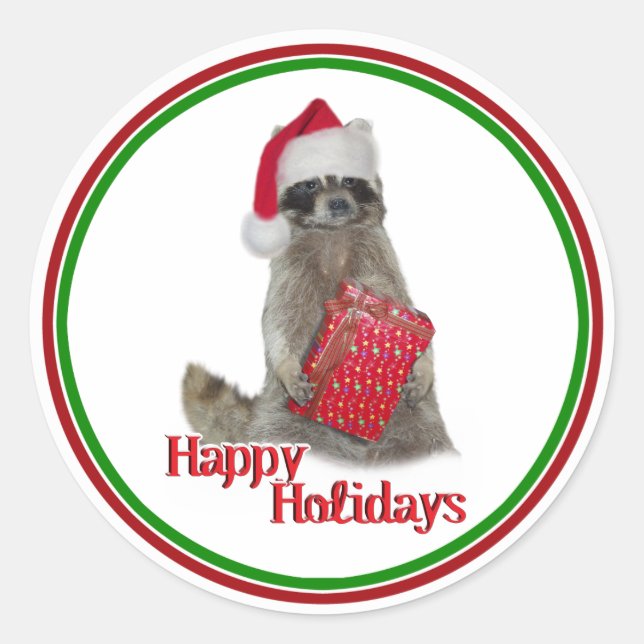 Christmas Bandit Racoon with Present Classic Round Sticker (Front)