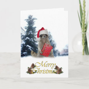 Christmas Bandit Racoon with Present Holiday Card