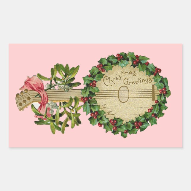CHRISTMAS BANJO WITH MISTLETOES AND HOLLY BERRIES RECTANGULAR STICKER (Front)