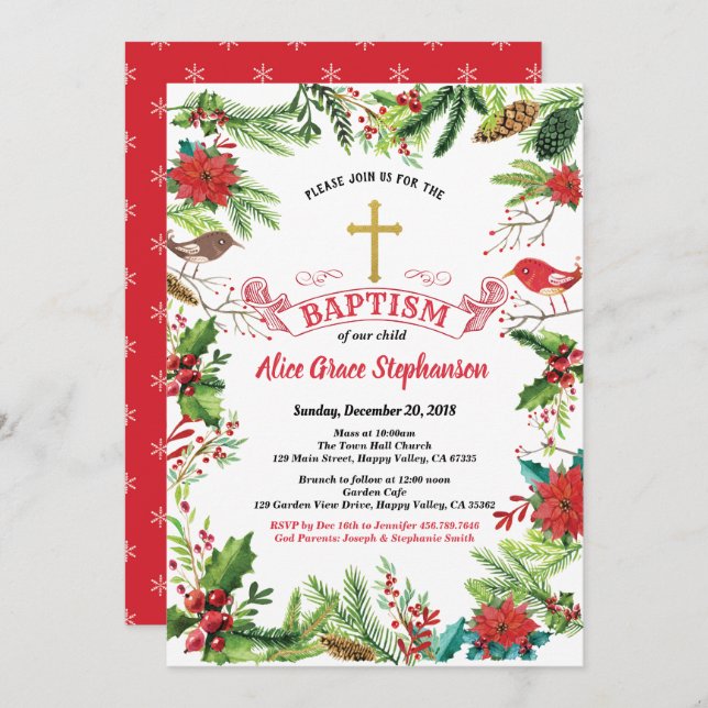 Christmas Baptism invitation. Red white gold cross Invitation (Front/Back)