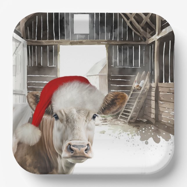 Christmas Barn Cow with Santa Hat Paper Plate (Front)