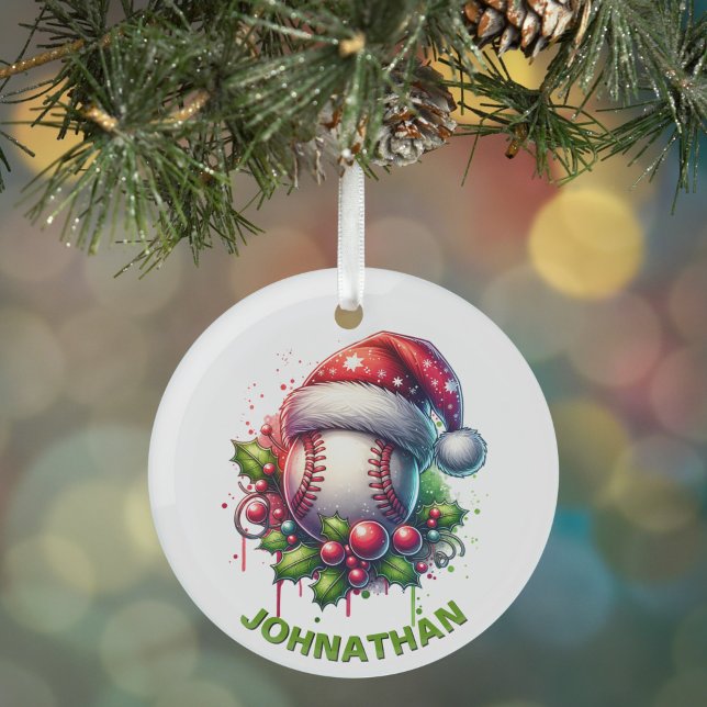 Christmas Baseball Custom Name with Santa Hat Glass Tree Decoration (Creator Uploaded)