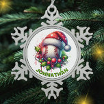Christmas Baseball Custom Name with Santa Hat Snowflake Pewter Christmas Ornament<br><div class="desc">Hit a home run with your holiday décor with this festive baseball ornament! Featuring a classic baseball wearing a Santa hat and surrounded by holly leaves and red berries, this ornament is perfect for any baseball fan who wants to bring their love of the game to the Christmas tree. Whether...</div>