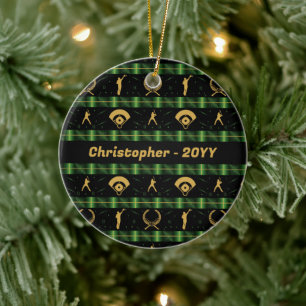 Christmas Baseball Player - Green Check Ceramic Tree Decoration