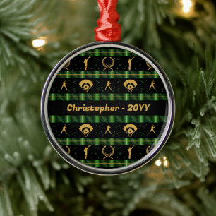 Christmas Baseball Player - Green Check Metal Tree Decoration
