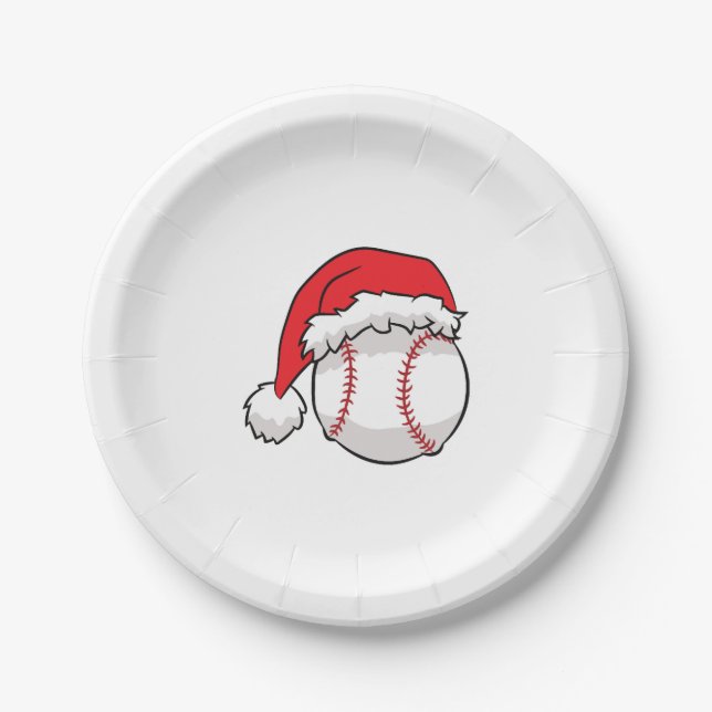 Christmas Baseball Santa Hat Baseball Christmas Paper Plate (Front)