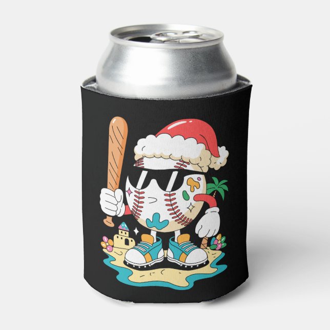 Christmas Baseball Santa Hat Bat Beach Palm Tree Can Cooler (Can Front)