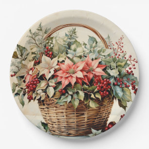 Christmas Basket with Poinsettia Flowers, Berries  Paper Plate
