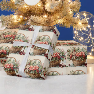 Christmas Basket with Poinsettia Flowers, Berries  Wrapping Paper