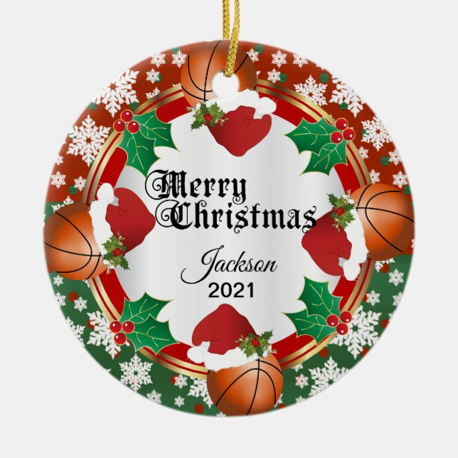 Christmas Basketball Design Ceramic Tree Decoration (Front)