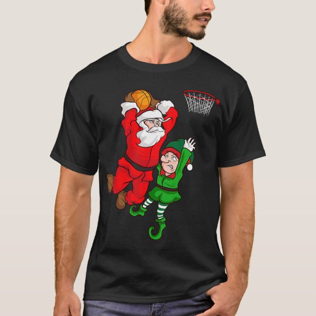 Christmas Basketball Santa Claus Slam Dunk Elf Fun T-Shirt (Front)