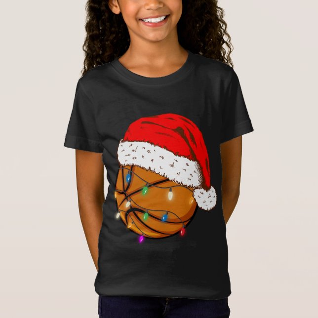 Christmas Basketball Santa Hat Funny Sport Xmas T-Shirt (Front)