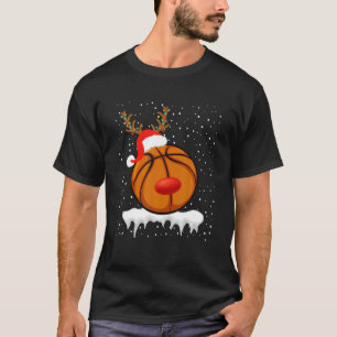 Christmas Basketball Santa Hat Reindeer Xmas Light T-Shirt