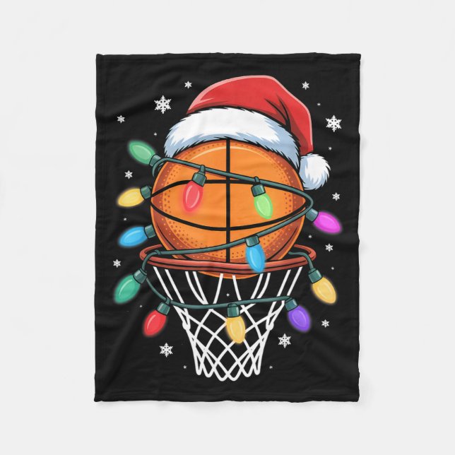 Christmas Basketball Santa Hat Xmas Light Basketba Fleece Blanket (Front)