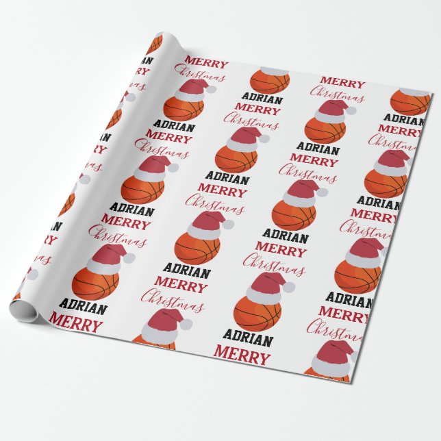 Christmas Basketball Sports Ball Custom Name Wrapping Paper (Unrolled)