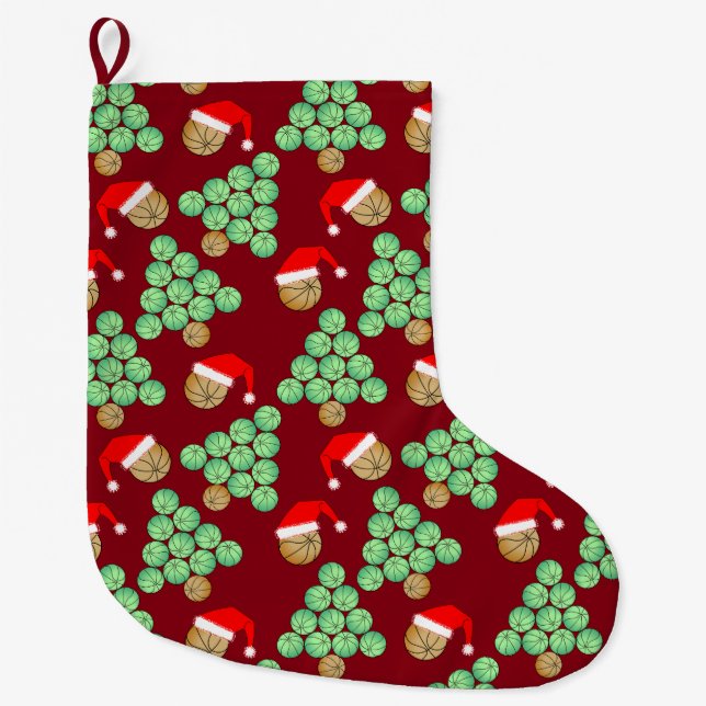 Christmas Basketball Tree Santa Hats Large Christmas Stocking (Front)