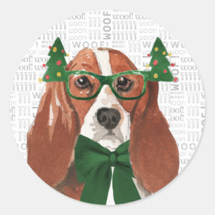 Christmas Basset Hound and Woof Dog Lover Classic Round Sticker