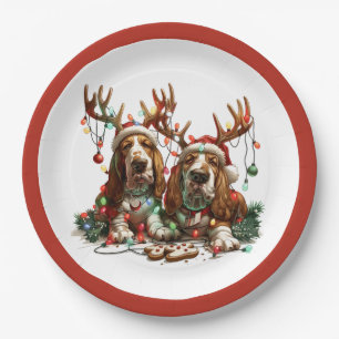 Christmas Basset Hound Dogs Paper Plate