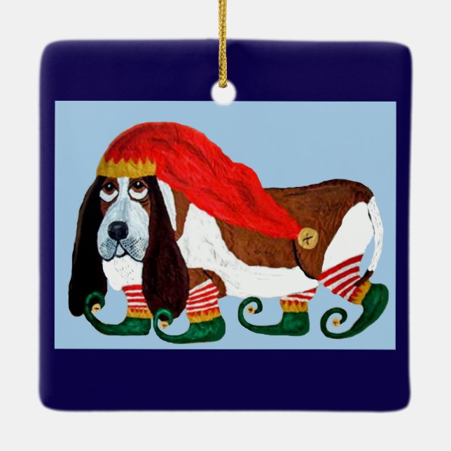 Christmas Basset Hound Elf Ceramic Ornament (Back)