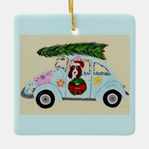 Christmas Basset Hound in Hippie car Ceramic Ornament