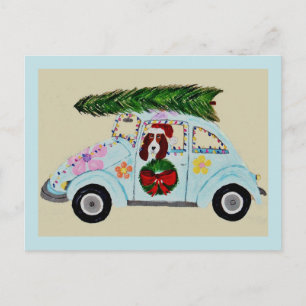 Christmas Basset Hound in Hippie car Postcard