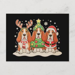 Christmas Basset Hound Santa Hat Reindeer Dog Xmas Holiday Postcard